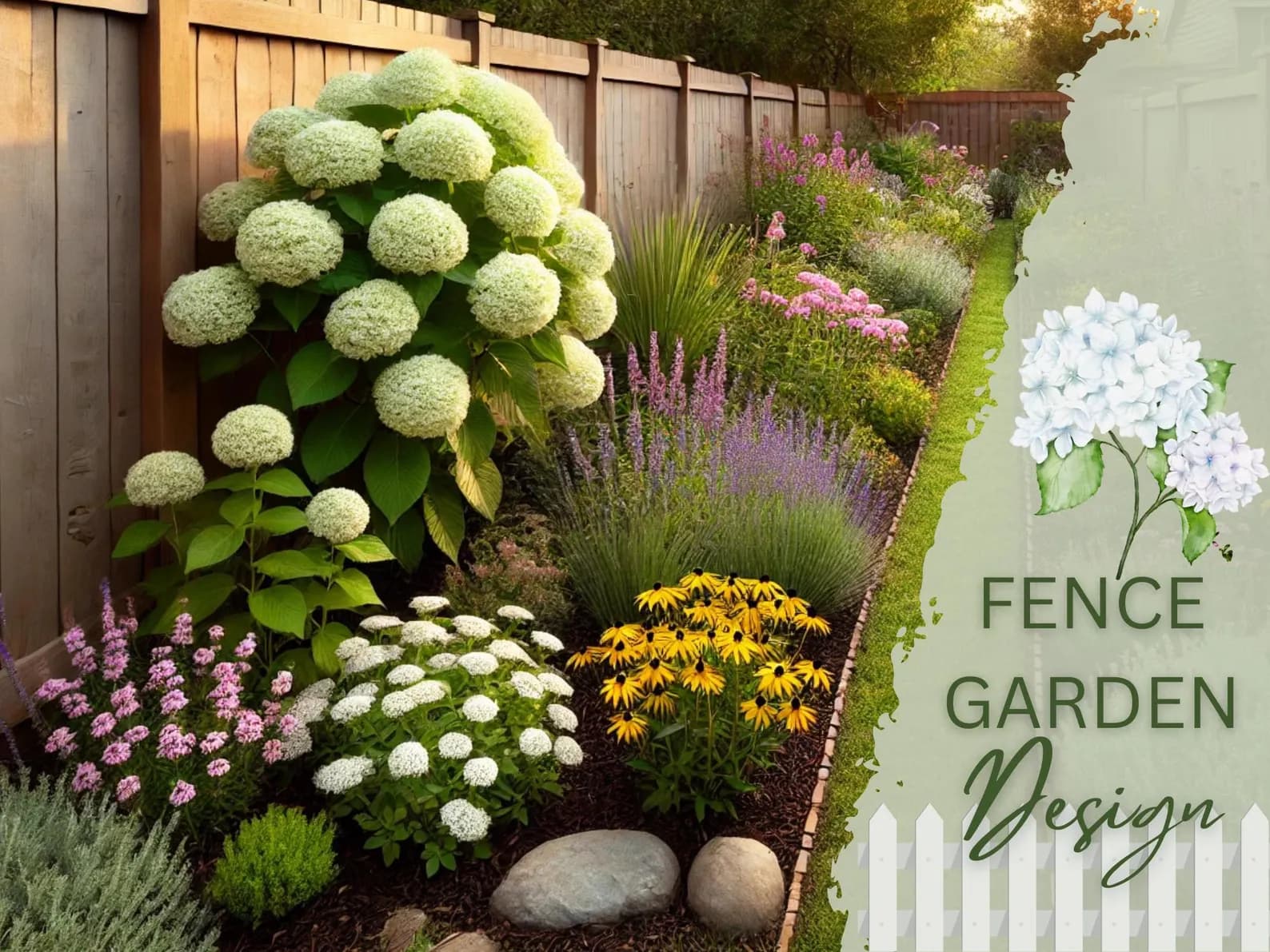 Premade landscape hydrangea pollinator garden fence design